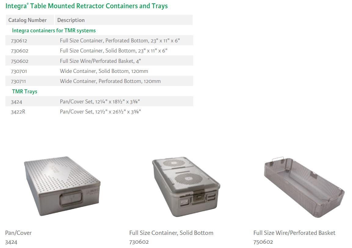 Integra Table Mounted Retractor Containers and Trays